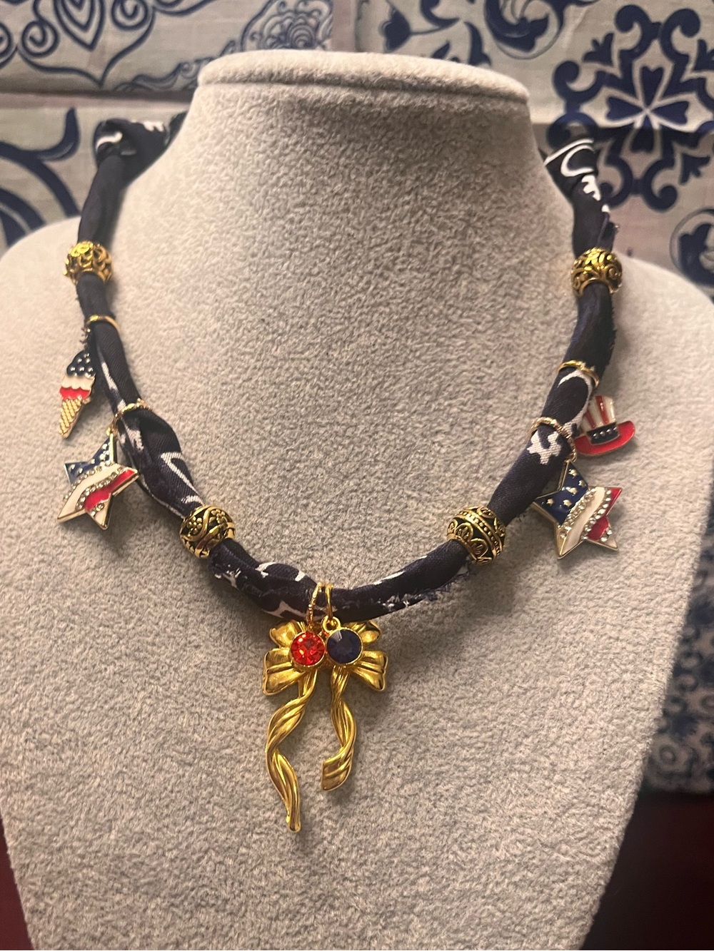 Navy Blue Patriotic Boho Bandana Charm Necklace, 28”